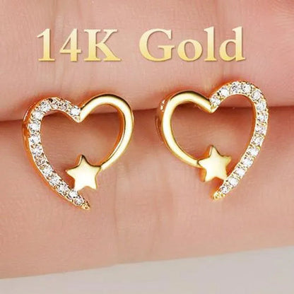Gold  Love Heart Star White Sapphire Diamond Stud Earrings for Women Wedding Engagement Bride Jewelry Gift