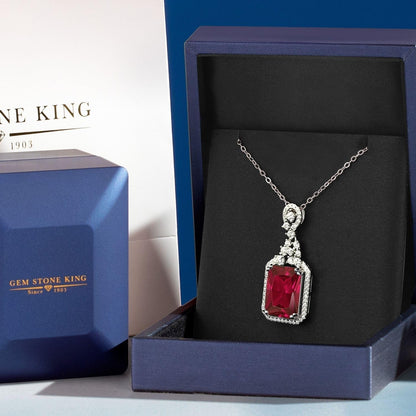 5.60 Cttw Red Created Ruby Pendant Necklace for Women | 925 Sterling Silver | Emerald Cut 14X10MM | with 18 Inch Silver Chain