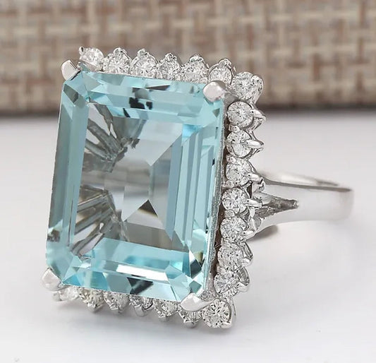 Fashion 9.36CT Natural Aquamarine 925 Sterling Silver Cocktail Ring Size 6-10