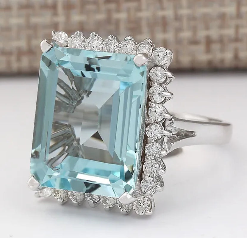 Fashion 9.36CT Natural Aquamarine 925 Sterling Silver Cocktail Ring Size 6-10