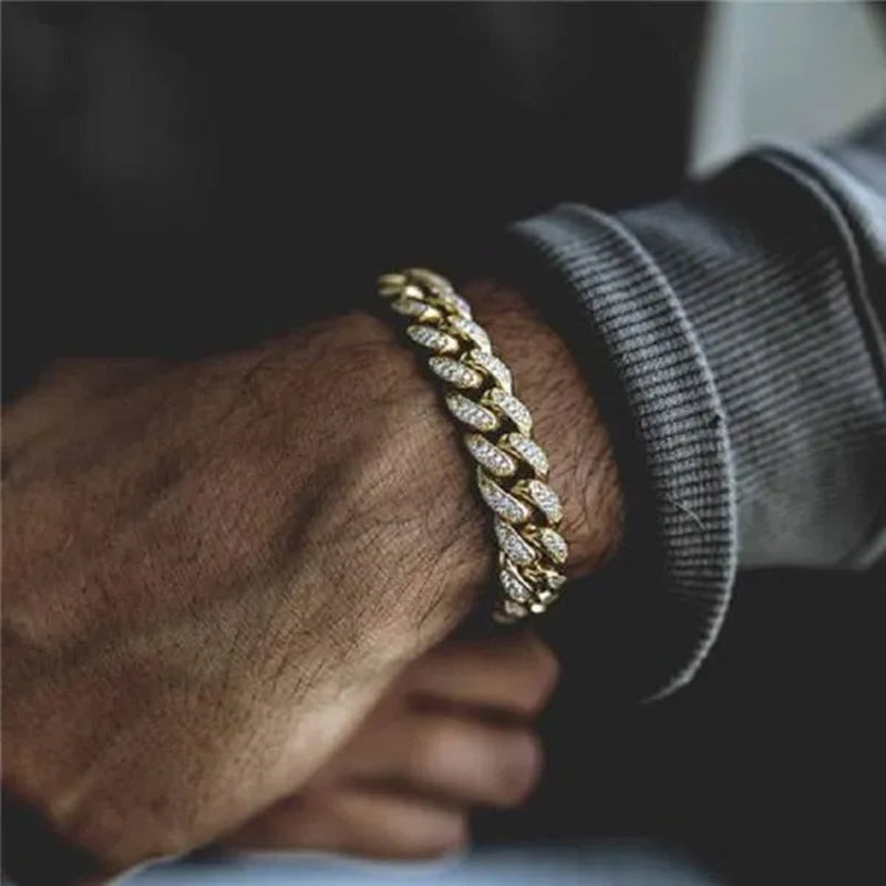 13MM  24K Gold/925 Silver Iced Out BlingBling Diamond Cuban Link Chain Miami Choker Necklace Bracelet Jewelry Set for Fashion Men and Women Hip Hop Jewelry