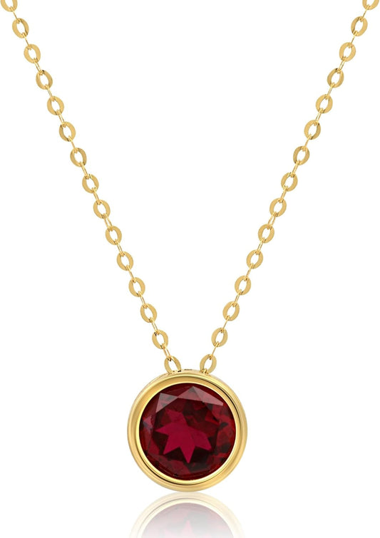 14K White or Yellow Gold round Pendant Necklace for Women with 7 Mm Gemstone Birthstone on 18 Inch Cable Chain Spring Ring Clasp Bezel