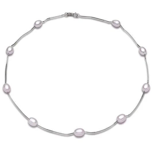 Real 925 Sterling Silver Natural White Ellipse Freshwater Pearl Chain Necklace for Women Gifts FEIGE
