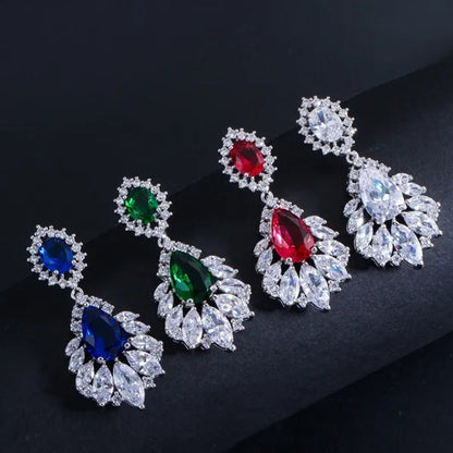 Gloriya Vintage Exquisite Marquise Silver Plated Jewelry Tear Drop Green Wedding Long Hanging Earrings with CZ Zirconia for Bride