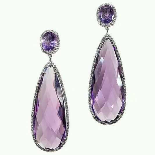 Bridal Wedding Dangle Earrings for Women Silver Plated Teardrop Amethyst Gemstone Drop Earrings Anniversary Gift