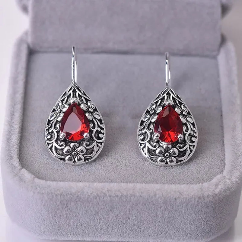 Diamond for Women Waterdrop Pear  Carved Red Topaz Gemstone Garnet Earrings Jewelry