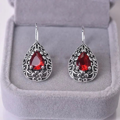 Diamond for Women Waterdrop Pear  Carved Red Topaz Gemstone Garnet Earrings Jewelry