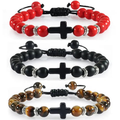 Handmade Natural Stone Wooden Beaded Bracelet Christian Jesus Cross Braided Bracelets Men Women Prayer Yoga Jewelry Gift
