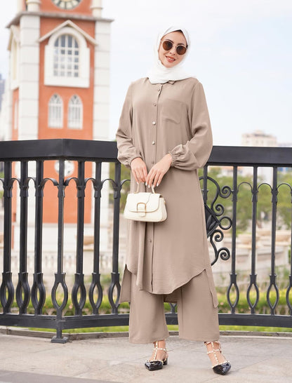 Women'S Muslim 2 Pieces Sets Long Sleeve Button down Shirt and Pants Abaya Casual Dress Dubai Outfits