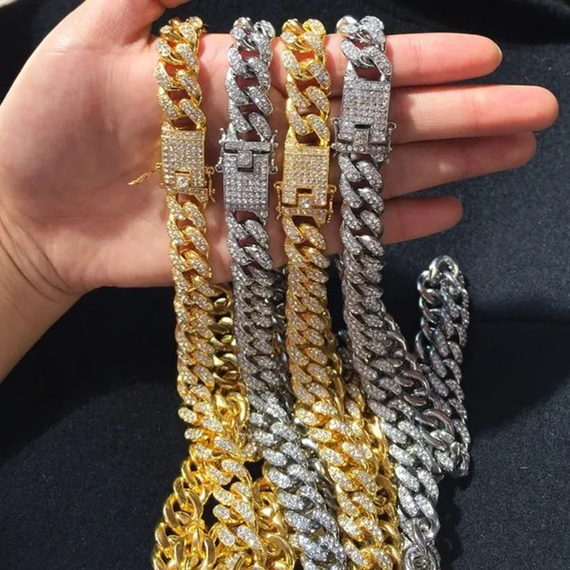 13MM  24K Gold/925 Silver Iced Out BlingBling Diamond Cuban Link Chain Miami Choker Necklace Bracelet Jewelry Set for Fashion Men and Women Hip Hop Jewelry