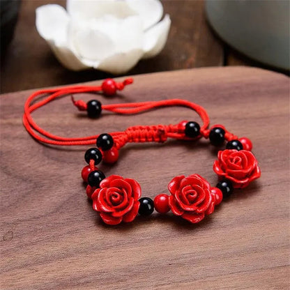 1/3pcs Fashion Women Rose Bracelet Ethnic Handicraft Lacquer Carved Cinnabar Rose Flower Bracelet For Women Red Rope Beaded Bracelet