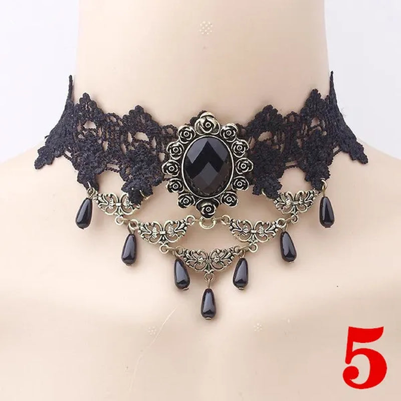 1 PCS Black Lace Necklace Chokers Vintage Style Female Gothic Wedding Red Rose Crystal Diamond Pendant Collarbone Necklace Chain Accessories for Women Girls(10 Style)