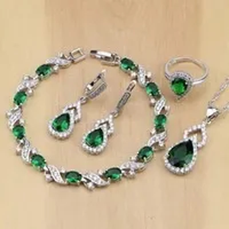 925 Silver Jewelry Sets Blue Sapphire White Topaz Open Rings Earrings Pendant Necklace Bracelet For Bridal  Women