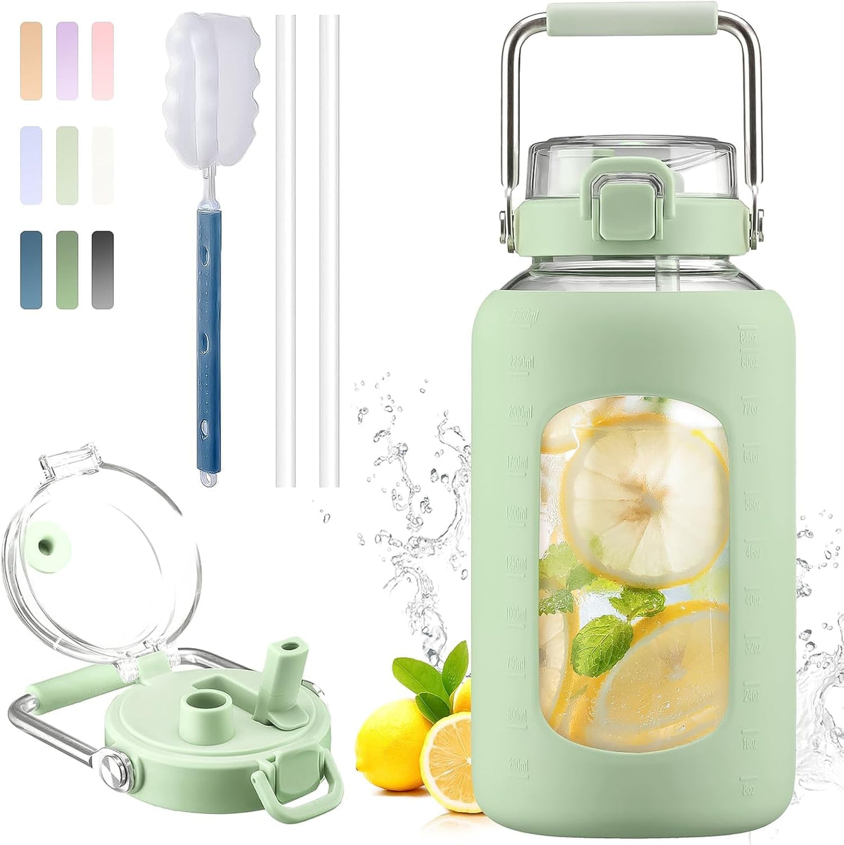 84Oz Water Bottle Glass with Stainless Steel Handle Large Water Bottle with Time Markers and Silicone Sleeve Half Gallon Water Jug BPA Free for Gym Daily Use, Light Green