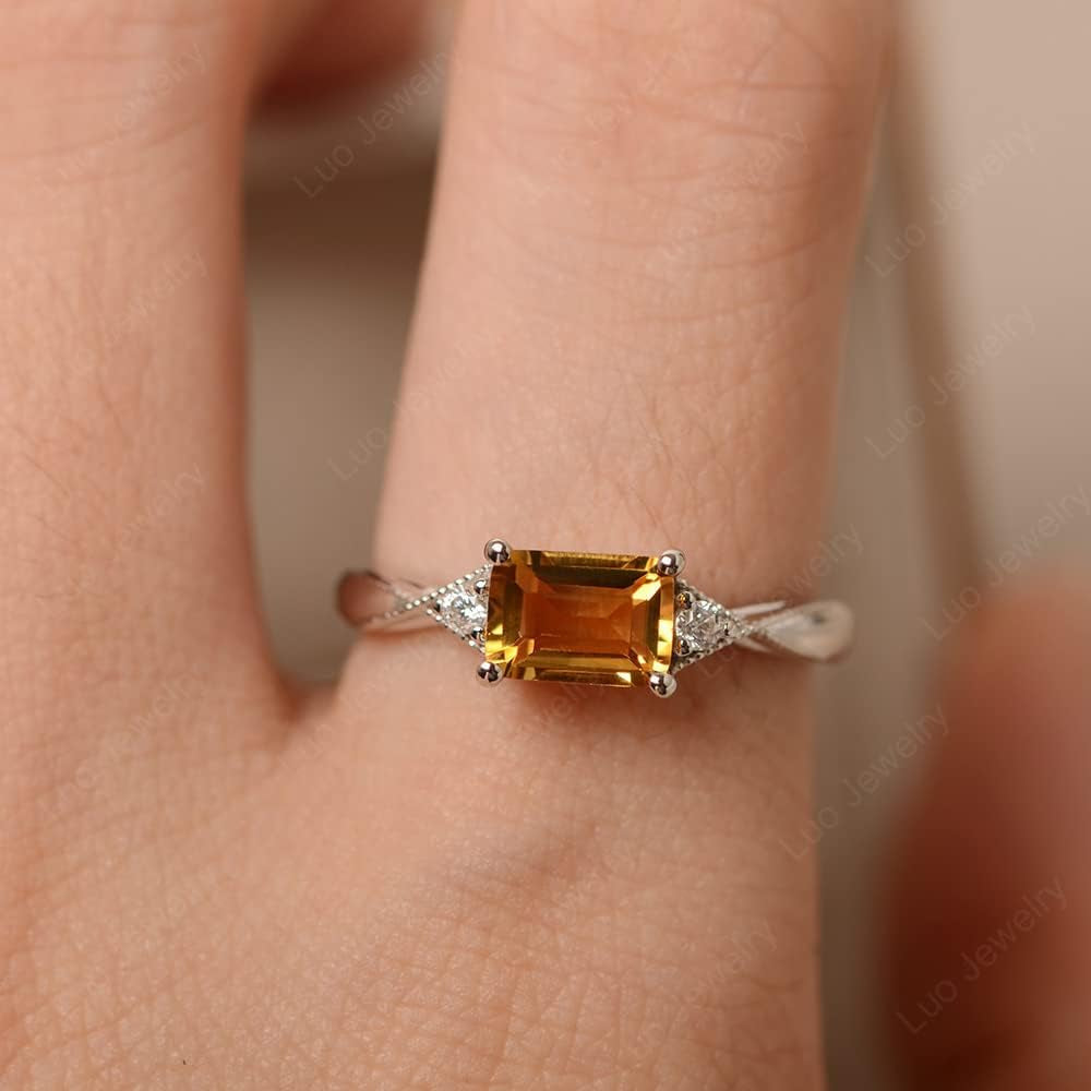 925 Sterling Silver Emerald Cut 7X5 MM Gemstone Ring East West Dainty Promise Ring for Women