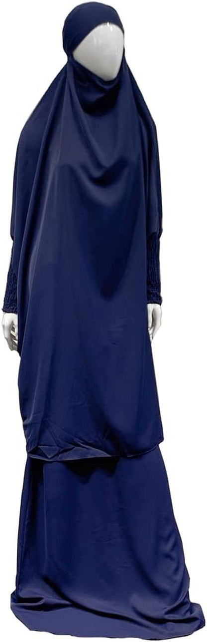 Women Muslim 2 Set Solid Color plus Long Sleeve Thobe One-Size Longuette Overall Abaya Thobe with Hoodied Hijab