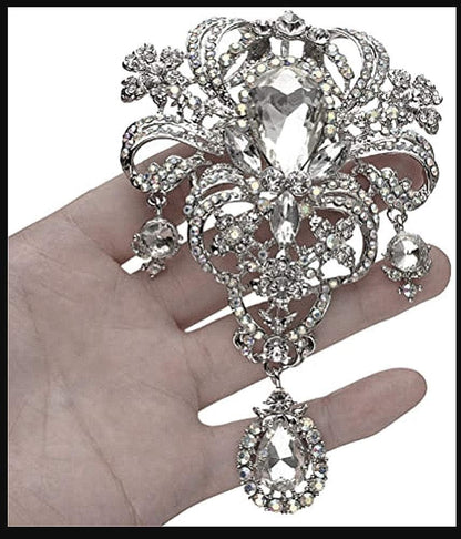 Extra LARGE Antique Vintage Art Deco Victorian Style Silver Tone Imitation Diamond Clear Rhinestone Statement Bridal Wedding Brooch Pin
