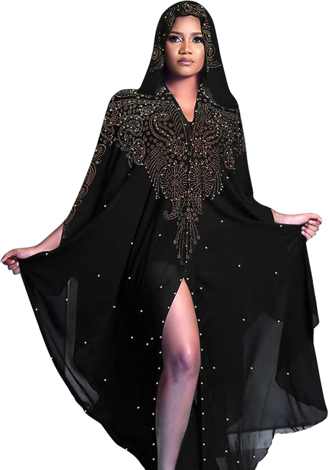 Muslim Dress for Women Loose Batwing Sleeved Hooded Beaded Embroidery Long Abaya Dress Kaftan Abayas Islamic Robe