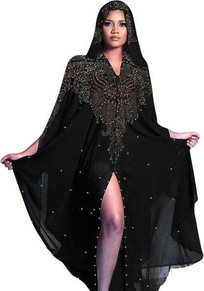 Muslim Dress for Women Loose Batwing Sleeved Hooded Beaded Embroidery Long Abaya Dress Kaftan Abayas Islamic Robe