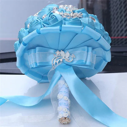 18cm Brooches Bridal Wedding Bouquet Lake Blue Ivory Sation Rose Flowers Decoration Wedding Accessories Ramos De Novia Bridesmaid Holding Bouquets