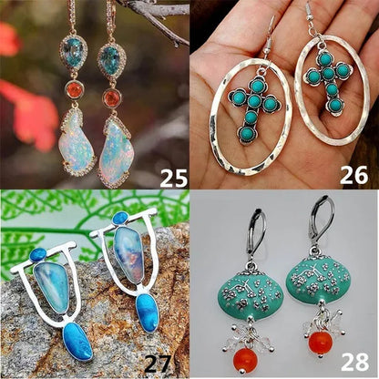 1 pair Antique 925 Sterling Silver Pendant Earrings Natural Gemstone Inlay Dangle Earrings Bridal Engagement Wedding Anniversary Gift  Bohemian Style Earrings