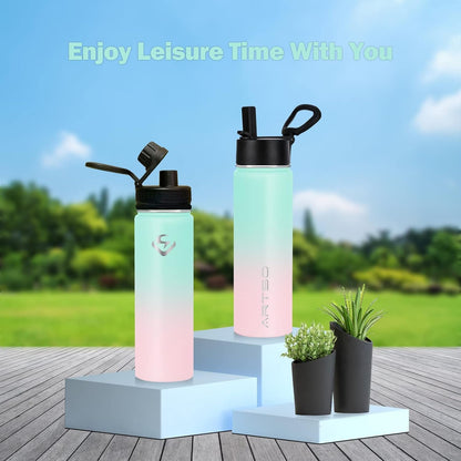 24Oz Stainless Steel Insulated Water Bottle with Straw & Two Lids,Double Walled Vacuum Insulated Leak Proof Hot Cold Water Bottles, Green/Pink Gradient