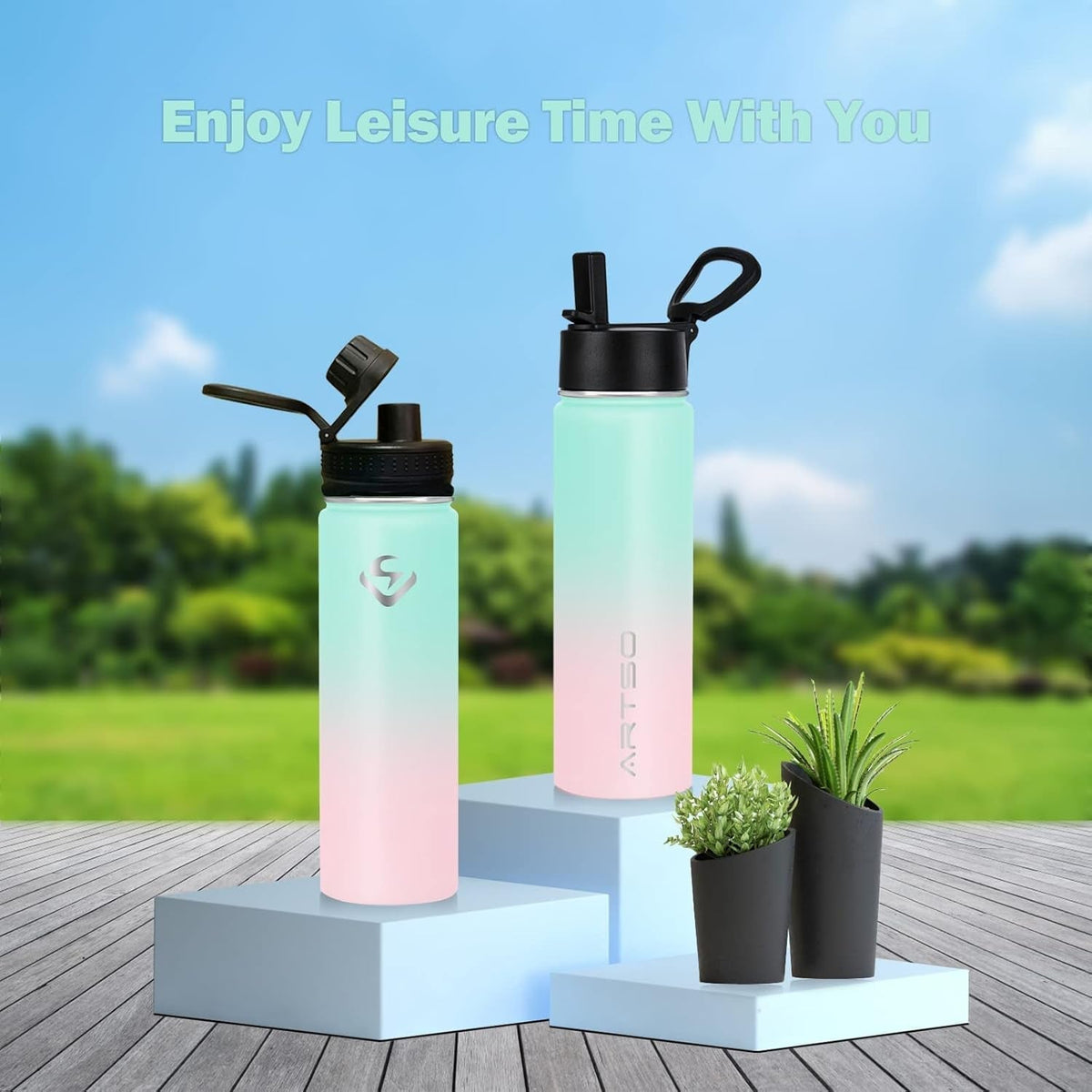24Oz Stainless Steel Insulated Water Bottle with Straw & Two Lids,Double Walled Vacuum Insulated Leak Proof Hot Cold Water Bottles, Green/Pink Gradient