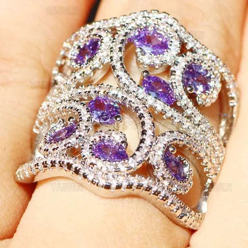 Silver White Sapphire & Tanzanite Birthstone Gemstones Engagement Wedding Anniversary Heart Ring