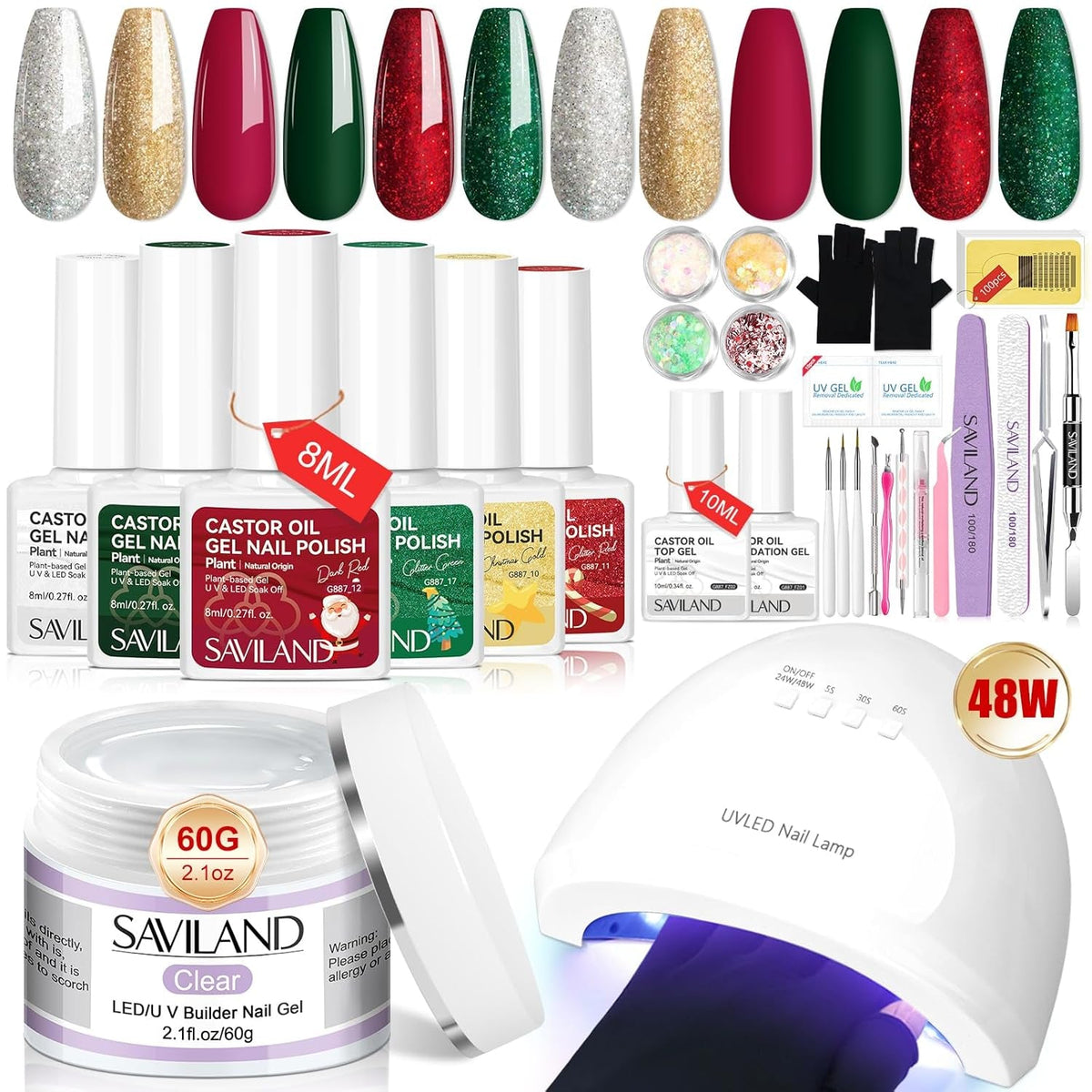 Christmas Gel Nail Polish Kit - 6 Colors Gel Nail Polish Kit with U V Light Christmas Limited Series 2.12Oz. Clear Builder Nail Gel UPF 200+ U V Protection Gloves Nail Tech Gifts