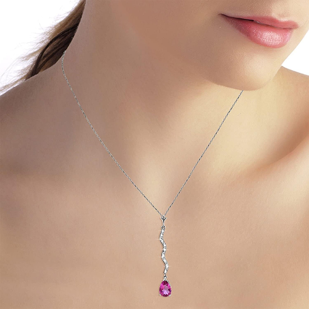 1.79 CTW 14K Solid White Gold Necklace with Natural Diamonds and Pear-Shaped Pink Topaz