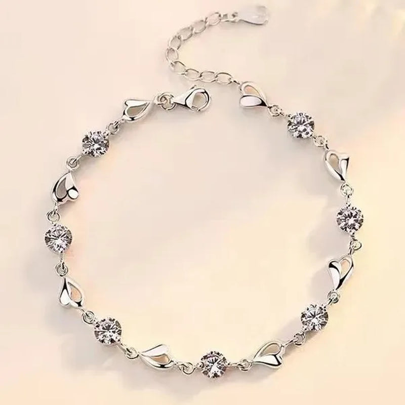 Hot 925 Sterling Silver Zircon Love Heart Shaped Bracelets Crystals  for Women Valentines Gift Wedding Party Cute Jewelry