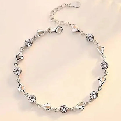 Hot 925 Sterling Silver Zircon Love Heart Shaped Bracelets Crystals  for Women Valentines Gift Wedding Party Cute Jewelry