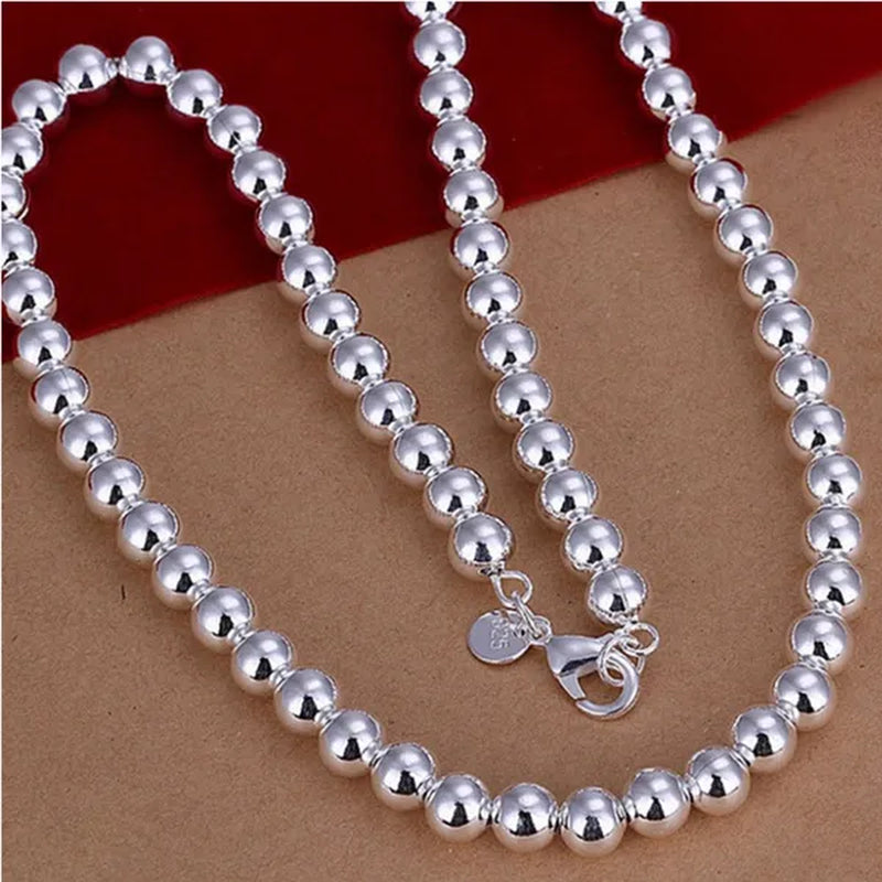 Fashion 925 Sterling Silver 8mm Hollow Smooth Round Beads Necklace Bracelets Set for Women Wedding Engagement Party Jewelry