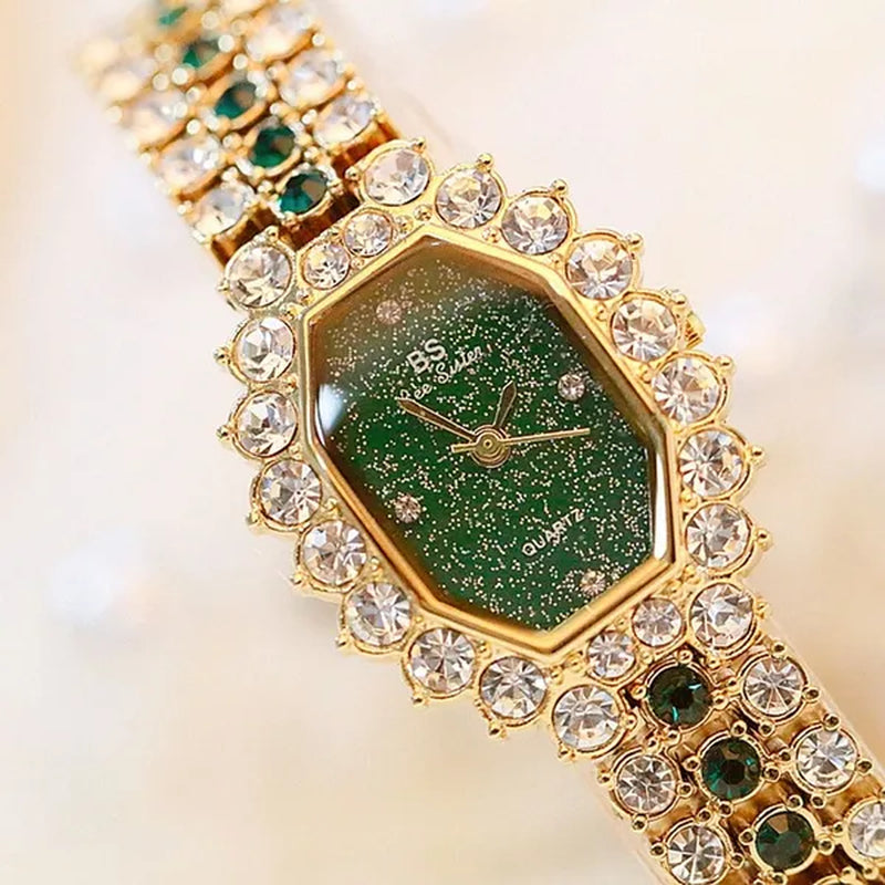 BS Brand Fashion Watches Women Ladies Diamonds Small Bracelet Watch Green Stone Gold Waterproof Montre femme