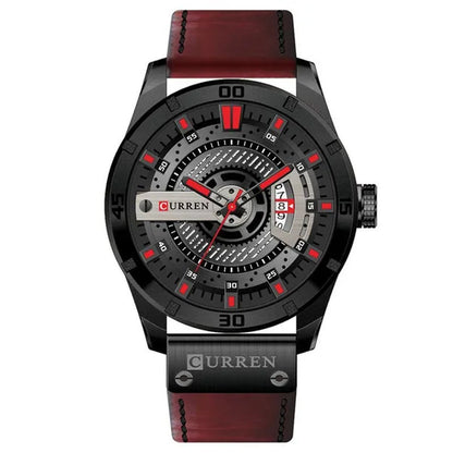 CURREN Men Watch Army Military Sports Watches Black Case Leather Strap Waterproof Date Function