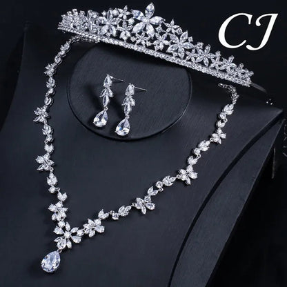 CANDICE Luxurious Classy White Gold Plating Bridal Crown Tiara Necklace Earrings Sets Pave Water Drop Cubic Zirconia Wedding Jewelry Set for Brides