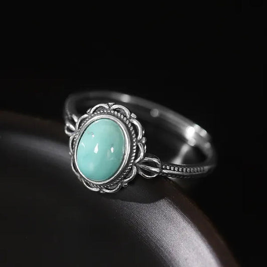 Women Vintage 925 Sterling Silver Green Gemstone Turquoise Rings