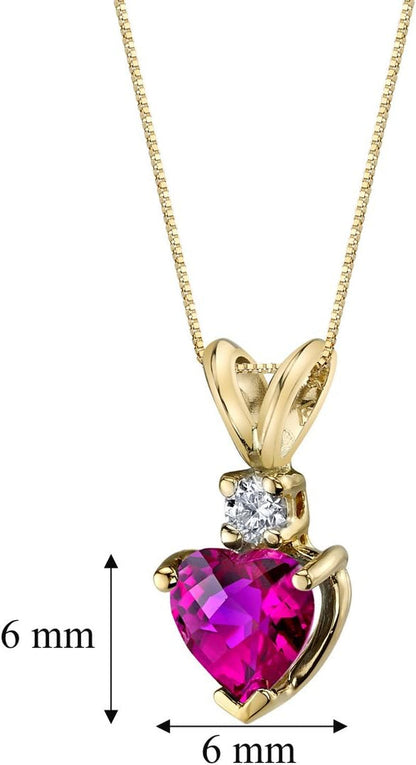 14K Yellow Gold Created Ruby with Genuine Diamond Pendant for Women, Heart Shape Solitaire, 6Mm, 1 Carat Total, Women Gift Ideas W/Jewelry Box, Sparkling V-Day Gift