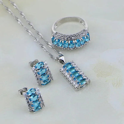 925 Silver Jewelry Set Classic Sky Blue White Topaz For Women Wedding Earring/Pendant/Necklace/Bracelet/Ring 4PCS