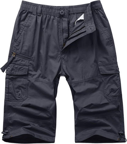 Men'S Cargo Shorts Casual Twill Elastic 3/4 Capri Pants below Knee Long Shorts with 7 Pockets