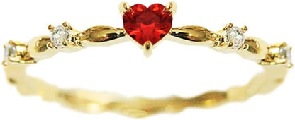 14K Gold Red Ruby Love Heart CZ Crystal Diamond Rings Fairy Style Elegant Red Zircon Peach Heart Ring Women Anniversary Engagement Wedding Gemstone Rings for Women Size 6-10(10)