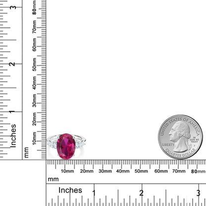 3.80 Cttw Red Created Ruby and White Moissanite 3 Stone Ring for Women | 925 Sterling Silver | 14X10MM Oval and 6X4MM Pear Shape | Available in Size 5, 6, 7, 8, 9