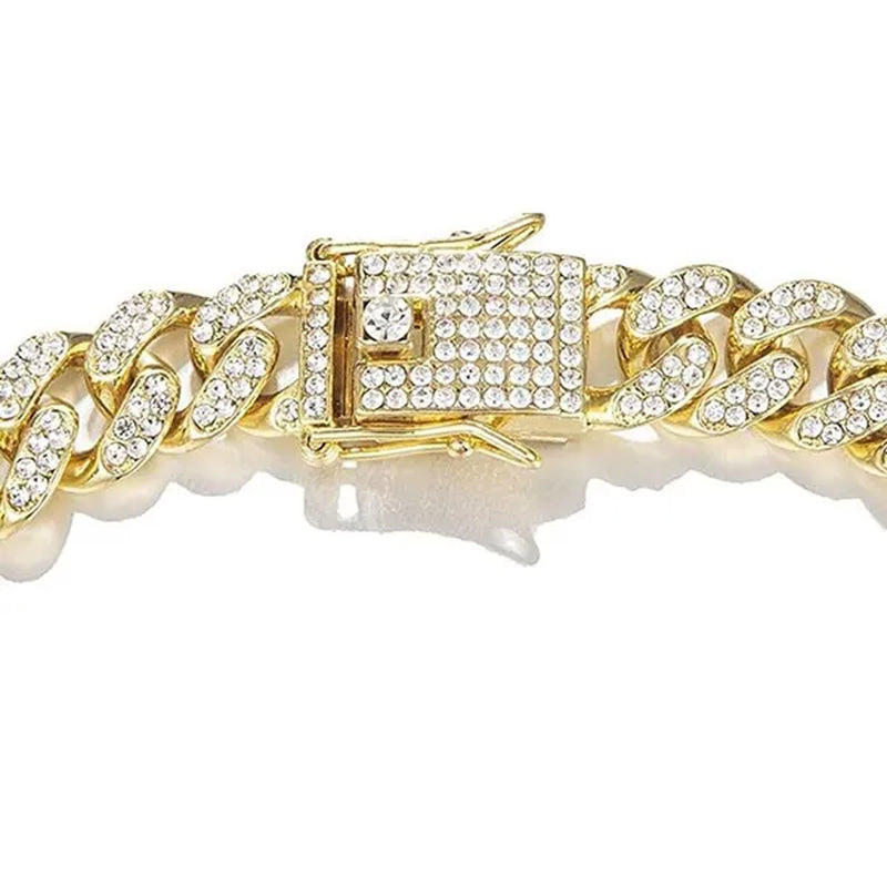 Fashion Gold / Silver Plated Solid Stainless Steel Iced Out Diamond Bracelet Thick Miami Cuban Link Chain Necklace Hip Hop Jewelry