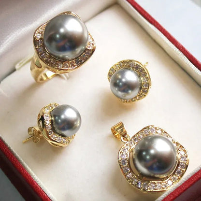 wholesale noble South Sea Shell Pearl 10-14mm Pendant Earrings Ring Set & stud earring jewelry set necklace 5 colors choose