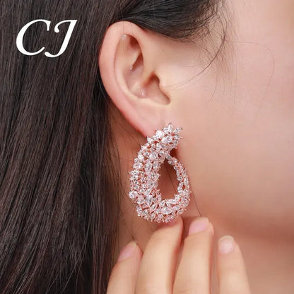 CANDICE Luxury 18K Rose Gold Plated Full Pave Multi Shape Rose Red And Pink Color CZ Zirconia Wedding Big Stud Earrings Romantic Party Jewelry for Brides