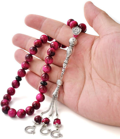 Tasbih Prayer Beads 33 Pink Tiger Eye Stone (33 Beads - 10 Mm) - Masbaha Muslim Rosary - Zikr, Dhikr Subha - Chapelet - Tasbeeh - Islamic Gifts for Women - Handmade Sibha - Eid Gifts