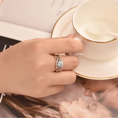 Newshe Two-tone Rose Gold 925 Silver Solitaire Brilliant Round Engagement Rings Set CZ Wedding Band For Women Jewelry Sz 4-13