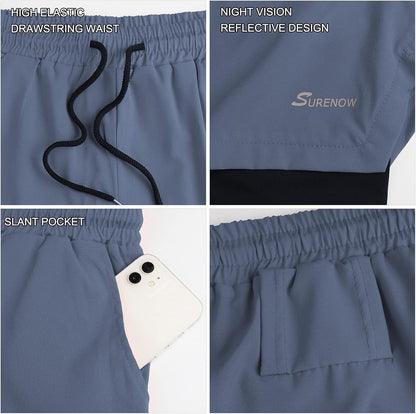 Mens 2 in 1 Running Shorts Quick Dry Athletic Shorts with Liner, Workout Shorts with Zip Pockets and Towel Loop