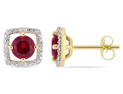 1.10 Carat (ctw) Lab Created Ruby Solitaire Halo Earrings in 10K Yellow Gold with Diamonds