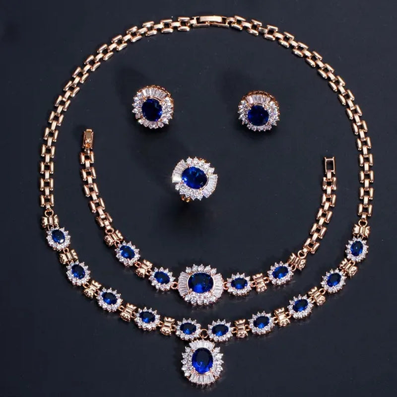 CANDICE Dubai Wedding 4 Pieces Set Elegant Red Zirconia Paved Yellow Gold Plated Engagement Party Ring Earrings Bracelet Necklace Sets For Women